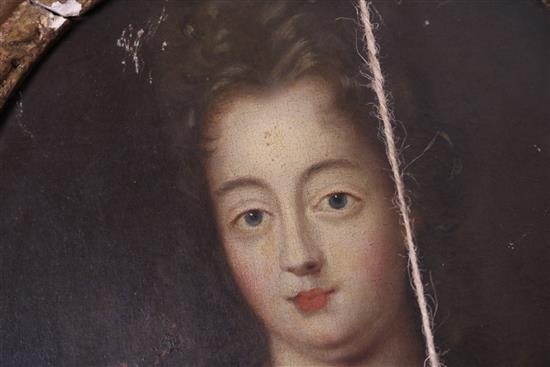 English School (18th Century), oil on canvas, Portrait of Queen Anne, oval, in carved giltwood frame, 38 x 31cm